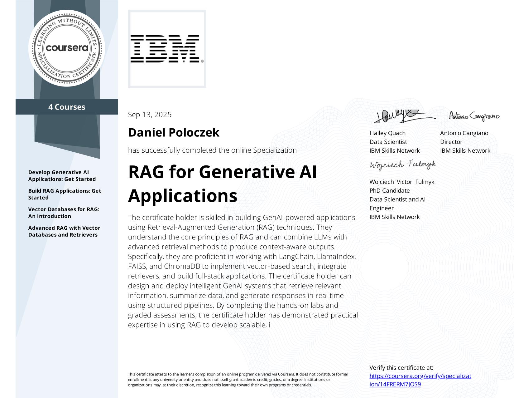 Miniatura certyfikatu: RAG for Generative AI Applications Specialization
