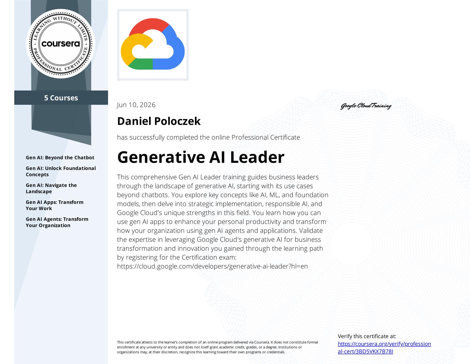 Miniatura certyfikatu: Generative AI Leader Professional Certificate