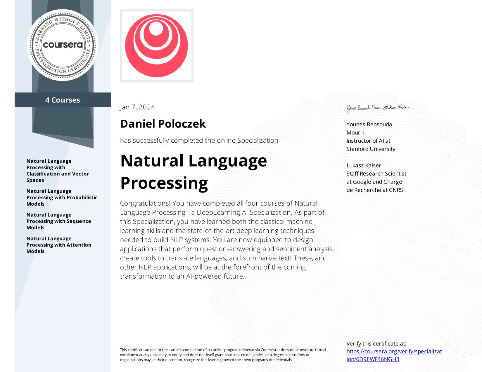 Miniatura certyfikatu: Natural Language Processing Specialization