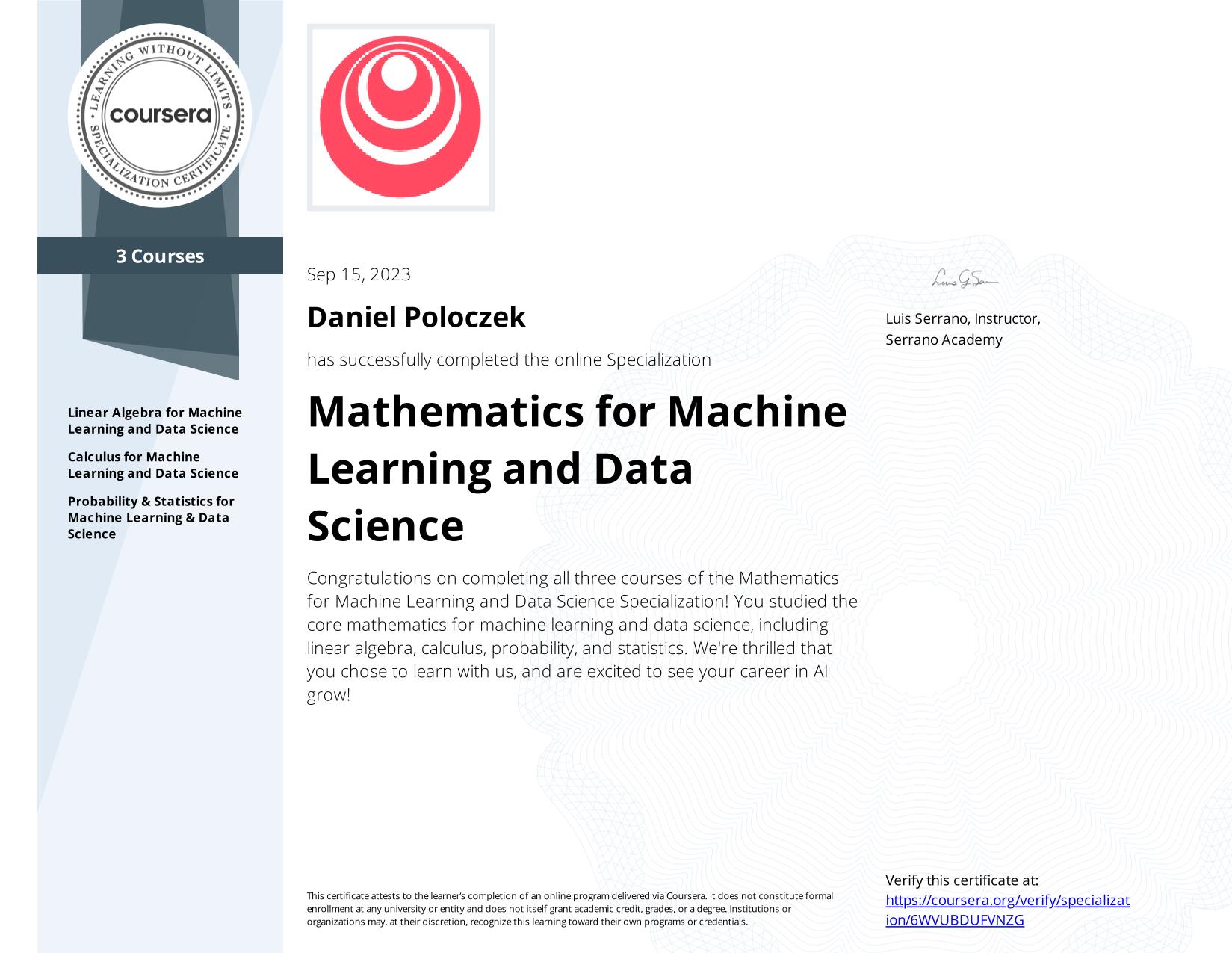 Miniatura certyfikatu: Mathematics for Machine Learning and Data Science Specialization