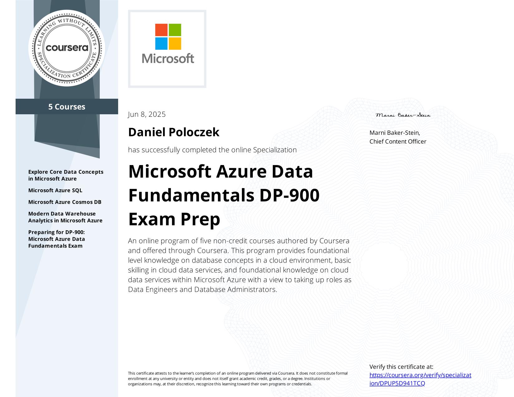 Miniatura certyfikatu: Microsoft Azure Data Fundamentals DP-900 Exam Prep Specialization