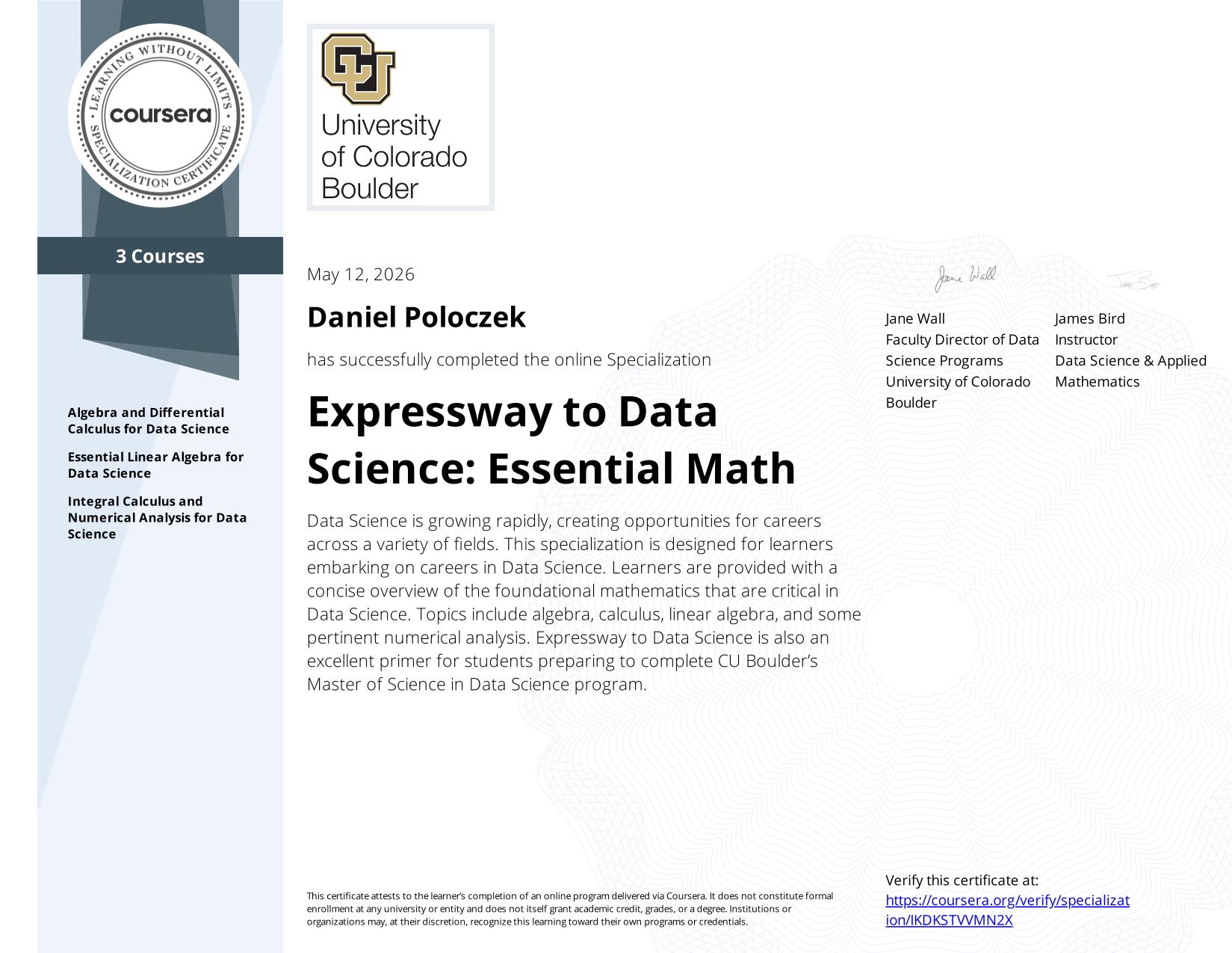 Miniatura certyfikatu: Expressway to Data Science: Essential Math Specialization