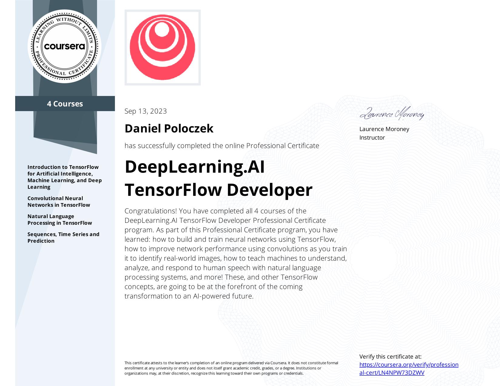 Miniatura certyfikatu: DeepLearning.AI TensorFlow Developer Professional Certificate