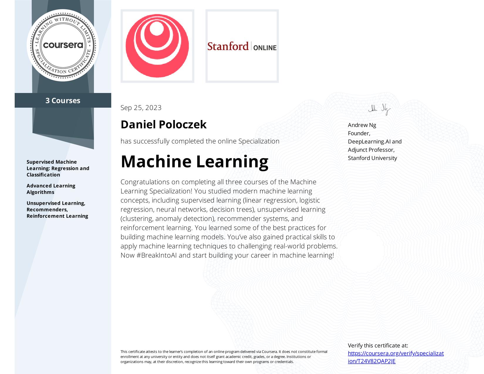 Miniatura certyfikatu: Machine Learning Specialization